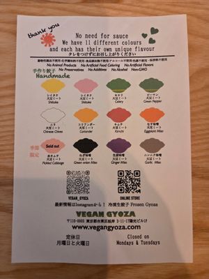 Menu at Vegan Gyoza Yu Cafe in Tokyo