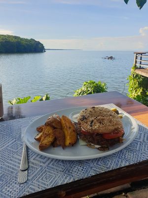 Vegan burger and wedges at El Pital in Ometepe
