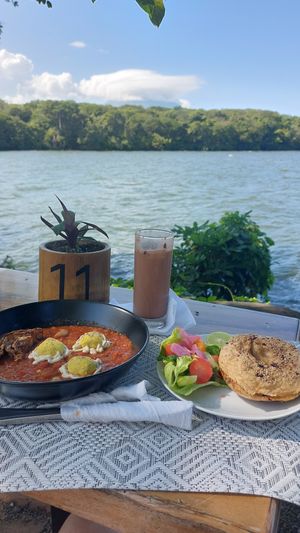 Vegan Shakshouka with Salad and Bagel and Ice Chocolate! at El Pital in Ometepe