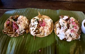 Taco night included a mole jackfruit taco, tofu taco and cauliflower taco.   We loved them all!  at El Pital in Ometepe