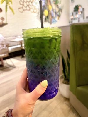 Blue matcha latte   at The Well in Austin