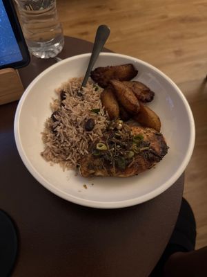 vegan 24hr jerk marinated chicken with rice and peas & plantains  at Turtle Bay in Colchester
