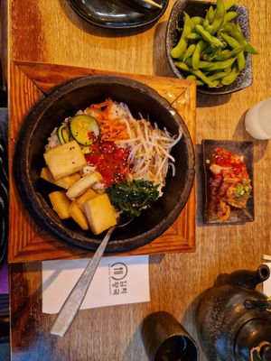 Tofu bimbibap, kimchi and edamame at Kimchi House in Colchester