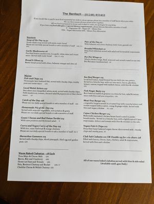 Menu Tuesday 19th March 2024 at The Benllech in Benllech