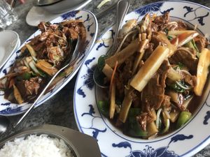 Vegan black bean sauce mock chicken and veggies on the left. Garlic sauce option on the right. Both vegan.  at Hung Paradise in Oranjestad