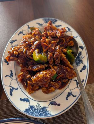 General Tso with mock chicken - really tasty and huge portion, comes with white rice at Hung Paradise in Oranjestad