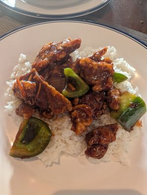 General Tso with mock chicken on top of rice. This will be 2, maybe 3 portions for me. Really tasty! at Hung Paradise in Oranjestad