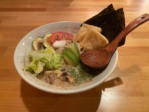 Black Garlic Vegetable Broth with soy milk & Bok choy added at Michi Ramen in Tampa