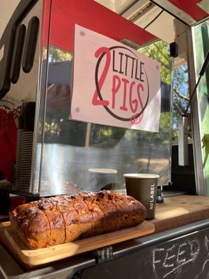 Organic No Label coffee & banana bread  at 2 Little Pigs in Binalong