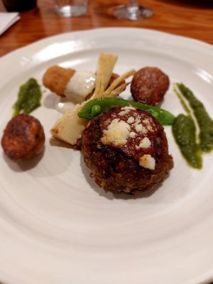 Main - chickpea and lentils hamburger patty, soymeat karaage, roast veges at Saishoku Ryouri F - Vegan Restaurant F in Kyoto