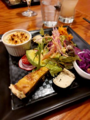 Entrée - handmade cheeses, quiche, potato gratin, avocado salad at Saishoku Ryouri F - Vegan Restaurant F in Kyoto