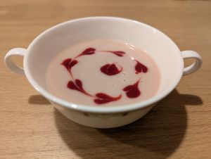 Turnip soup with beetroot at Saishoku Ryouri F - Vegan Restaurant F in Kyoto