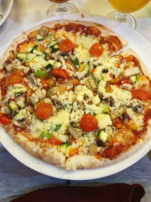 Veggie pizza made vegan at Trattoria in Bowness-on-windermere