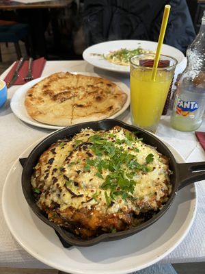 Vegan parmigiana and garlic bread   at Trattoria in Bowness-on-windermere