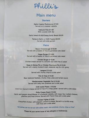 Menu as of Friday 28th March 2025 at Queen Phillippa Hotel in Isle Of Sheppey