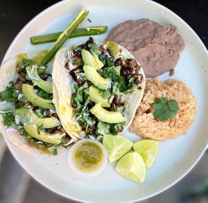 Taco Plate w Beans and Rice at De La Tierra Vegan Food Truck in San Jose