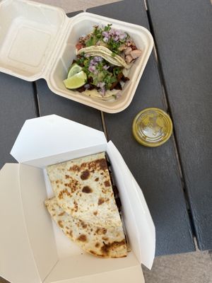 Asada quesadilla, asada taco, jackfruit taco  at De La Tierra Vegan Food Truck in San Jose
