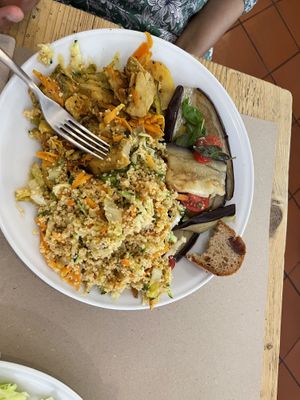 Cous cous vegetables, green bean mild curry & grilled aubergine with tomato & basil   at La Cucina Dei Colori in Catania