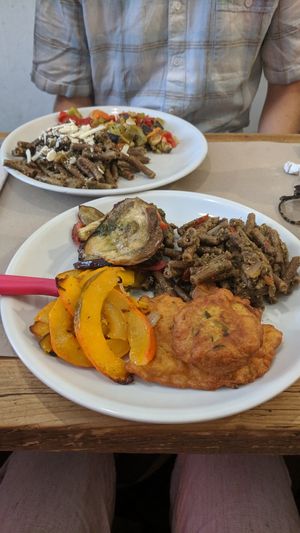 Pumpkin, aubergine, pesto-style pasta, fritters - all vegan! at La Cucina Dei Colori in Catania