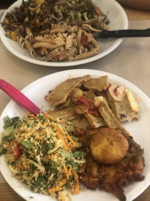 Cous cous, seitan, fried potato cake at La Cucina Dei Colori in Catania