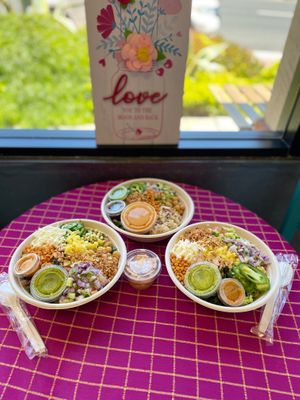 Our most popular Mango Tango and All About the Makhani Bowls at Eats Meets West Bowls in Redwood City