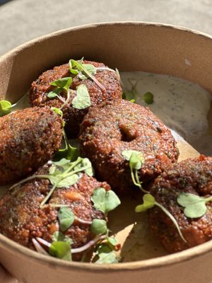 Takeaway falafel and vegan labneh.  at Noranta Tres in Escaldes-engordany