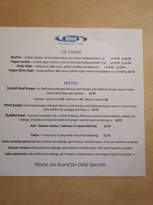 December 2022 menu at Blue Bar in Porthtowan