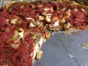 The vegan deep-dish pizza as ordered with our choice of toppings.  at Masa of Echo Park in Los Angeles