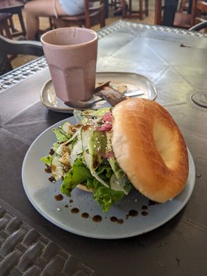 Vegan bagel with snickers smoothie at Nalu Bagel & Cafe in Tamarindo