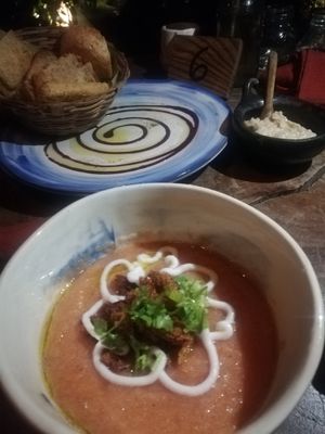Watermelon gazpacho and bread at Yay Sustainable Restaurant in Magdalena