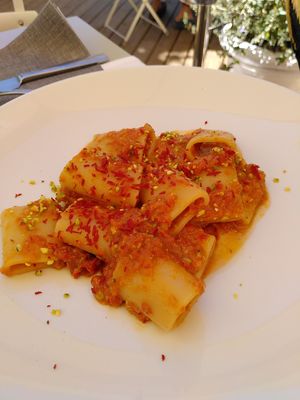 Paccheri with pistacchio at Osteria le Terme in Massaciuccoli
