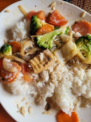 J'avais déjà commencé mon plat ! Ici riz accompagné de tofu sauce coco. at Mum Aroi in Offenburg