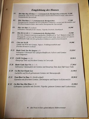 Menu in German at Tradition aus Vietnam in Aachen