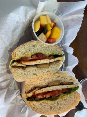Knuckle sandwich with fruit. Love the fluffy bread  at Living on the Veg in Manahawkin