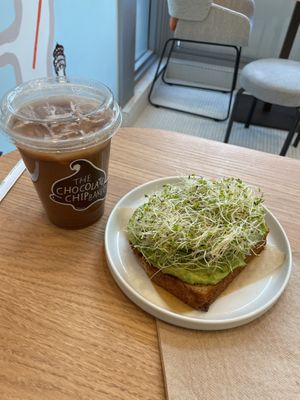 Iced Mocha Latte & Avocado Toast  at The Chocolate Chip Bakery in Miami