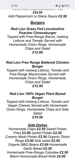 Their menu at Red Lion Inn in Redbourne