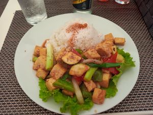 Sweet and sour tofu, outside terrace near Benneton at Asia Food By Pralet in Pula