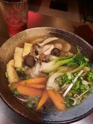 Pho soup and hibiscus lemonade at Bodhicitta Vegan Bowl in Berlin