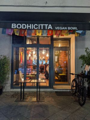outside at Bodhicitta Vegan Bowl in Berlin