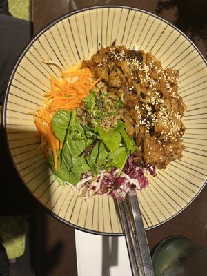 Can’t remember what it was but there’s a selection of seitan to choose from    at Bodhicitta Vegan Bowl in Berlin