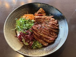 Grilled soy médaillons with rice noodles   at Bodhicitta Vegan Bowl in Berlin
