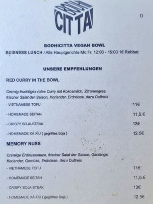 Menu at Bodhicitta Vegan Bowl in Berlin