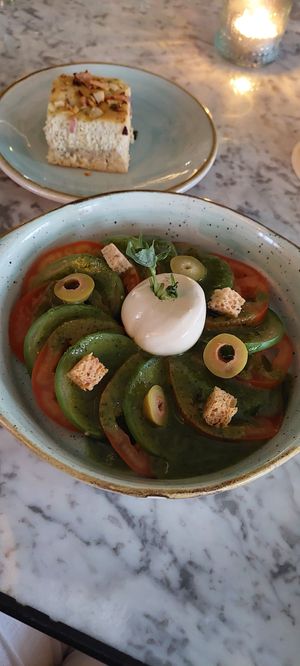Caprese with vegan burrata @mar de olivo at The House of AïA in Playa Del Carmen