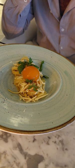 Carbonara with runny "vegg yolk" @mar de olivo at The House of AïA in Playa Del Carmen