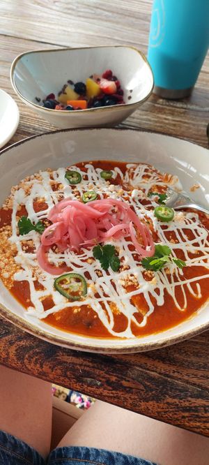 Enchiladas con salsa roja for breakfast @su casa at The House of AïA in Playa Del Carmen