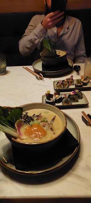 Ramen with "vegg yolk", age maki and yasai maki at UME in Playa Del Carmen