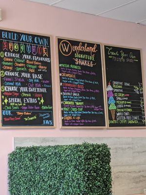 Menu. Lots of smoothie options for vegans at Wonderland Milkshake and Smoothie Bar in Bridgewater