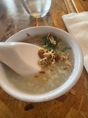 Complimentary vegan conjee   at Rooster and The Pig in Palm Springs