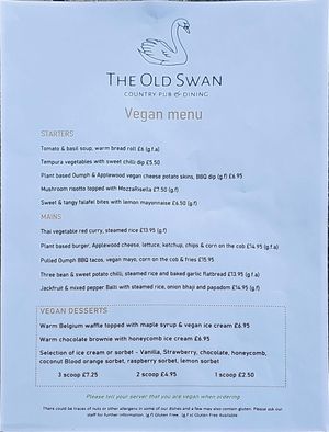 Menu 17/05/24 at The Old Swan in Crewe