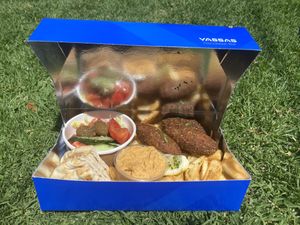 Falafel Tapsi with village salad, chips and hommus dip (instead of tzatziki) and pita    at Yassas The Greek Way in Ringwood